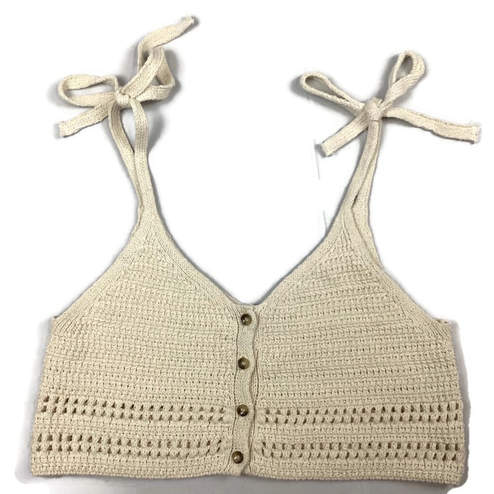 Zara Crocheted Crop Top with Tie Straps Cream XL NWOT